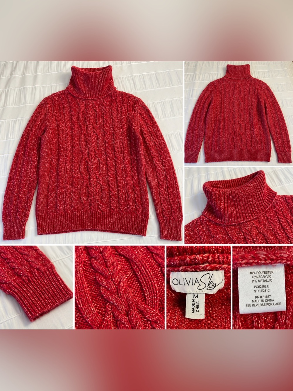 Olivia Sky Red Metallic Cable Knit Turtleneck Sweater Size M